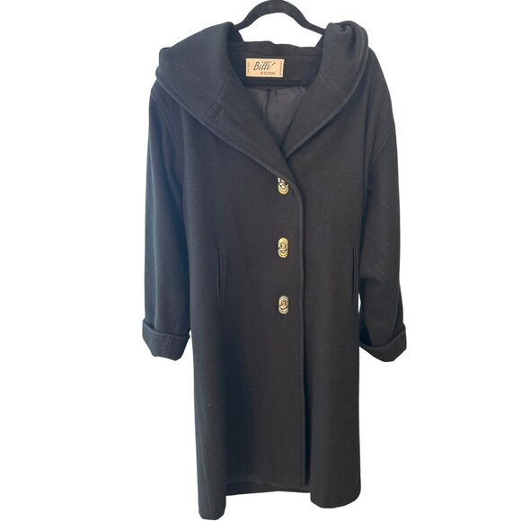 Vintage Billi by Billycoat Long Black Wool Overcoat Hooded Heavy Made in USA XL - Picture 1 of 16
